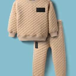Little Kangaroos Woven Winter Wear Quilted Sweatshirt & Lounge Pant Set with Patch Detailing - Tan-picture-47
