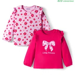 Babyoye 100% Cotton Knit Full Sleeves Tops with Floral & Bow Print Pack of 2 - Red & Pink-picture-3