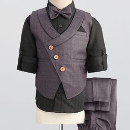 Rikidoos Full Sleeves Textured 3 Piece Party Suit With Bow Set - Wine & Black-picture-42