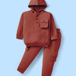 Rikidoos Full Sleeves Textured Hooded Sweatshirt With Coordinating Joggers Set - Rust-picture-28