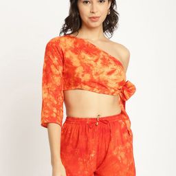 EROTISSCH Orange Tie and Dye One Shoulder Relaxed-Fit Top With Short-picture-16