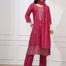 Vishudh Floral Kurta Woven Design Jacquard Straight Kurta With Trousers & Dupatta-53