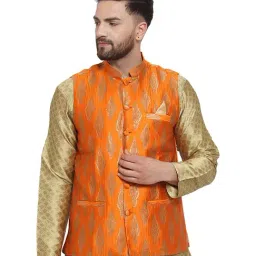 NEUDIS Orange Printed Mandarin Collar Nehru Jacket-picture-3