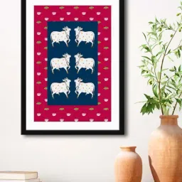 999Store Navy Blue & Magenta MDF Nandi Cow Stylish Modern Art Printed Paper Wall Painting - Set of 1-30
