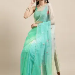 Geroo Jaipur Green Shaded Handcrafted Organza Saree-picture-9