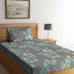Klotthe Floral Grey 210 TC Cotton Blend Single Bedsheet with 1 Pillow Cover-image-42