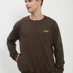 SHOW OFF Brown Cotton Slim Fit Solid Sweatshirt-image-1