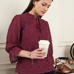 Style Quotient Women Wine With Three-Quarter Sleeves Lace Top-5