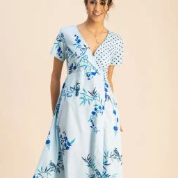 Moomaya Aqua Floral Print A Line Dress-picture-25