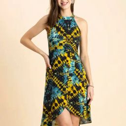 Moomaya Yellow & Blue Printed A Line Dress-image-29