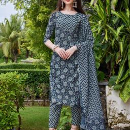 BERRYLICIOUS Blue Floral Print Kurta With Pant & Dupatta-image-56