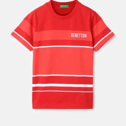 United Colors of Benetton Boys Red Cotton Striped Tshirt-image-90