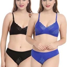 AROUSY Black & Blue Cotton Self Pattern Bra Panty Set - Pack Of 2-image-90