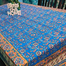 TheYUGO Blue Floral Anti-Slip Cotton 6-Seater Table Cover with Textured details-53