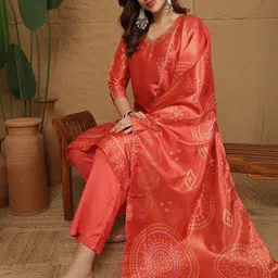 Anouk Bandhani Printed V-Neck Thread Work Kurta With Trousers & Dupatta image 2