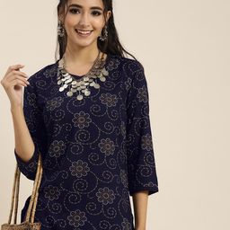 Sangria Women Navy Blue & White Screen Ethnic Motifs Print Kurta with Trousers-20