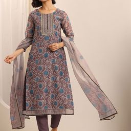 Libas Floral Printed Round Neck Mirror Work Straight Kurta With Trousers & Dupatta-image-82