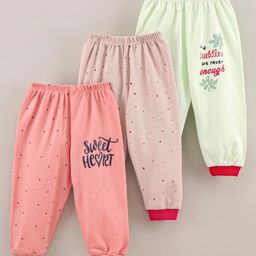 Mini Donuts Cotton Full Length Text Printed Lounge Pant Pack Of 3 - Green Beige & Pink-picture-14