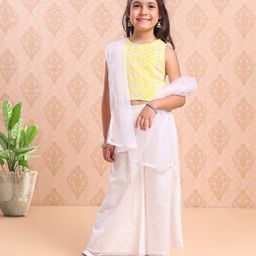 Babyhug Sleeveless Top & Palazzo With Net Dupatta Floral Embroidered - Yellow-image-45