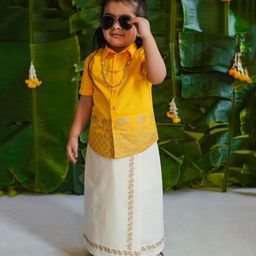 Tiber Taber Half Sleeves Elephant & Floral Motif Glitter Printed Shirt & Mundu Set - Yellow-image-46