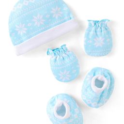 Babyhug100% Cotton Knit Cap Mittens & Booties Floral Print Blue - Diameter 12 cm-27