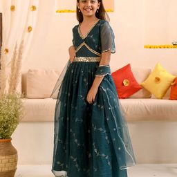 Pspeaches Half Sleeves  Floral  Sequin Swirl Detailed & Sheesha Lace Embellished Coordinating  Legehna Choli With Organza Dupatta - Teal Blue-image-62