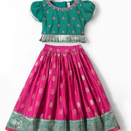 Babyhug Half Sleeves Pattu Pavada Choli with Lehenga Set withFloral Embroidery - Fuchsia-picture-13