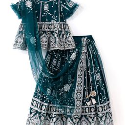 Babyhug Short Sleeves Sequenced Net Embroidered Choli Lehenga Set  with Dupatta - Teal Blue-image-27