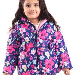 Babyhug Woven Full Sleeves Front Open Padded Hooded Jacket with Floral Print - Blue & Pink-image-65
