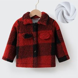 Kookie Kids Full Sleeves Collar Neck Front Open Winter Jacket with Checks Design - Red-15