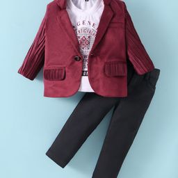 Robo Fry Knit Full Sleeves Blazer With Text Printed T-Shirt & Trouser Set - Maroon-image-18