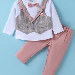 ToffyHouse Knit Full Sleeves Checks T-Shirt & Trouser Set With Attached Waistcoat & Bow Applique - White Grey & Pink-image-91