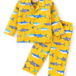 Babyhug Cotton Woven Full Sleeves Front Open Collared Night Suit Whale Print - Mustard-image-90