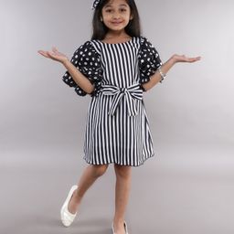 PinkChick Cotton Half Sleeves Striped & Polka Dots Printed Dress - Black-image-56