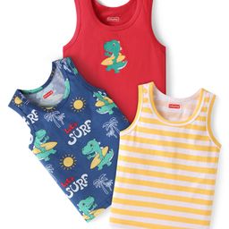 Babyhug 100% Cotton Sleeveless Sandos Striped & Dino Print Pack of 3 - Red Navy Blue Yellow-image-67