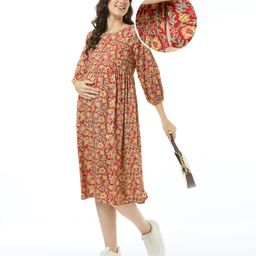 Bella Mama Woven Three Fourth Sleeves Maternity Dress with Floral Print - Red-image-71