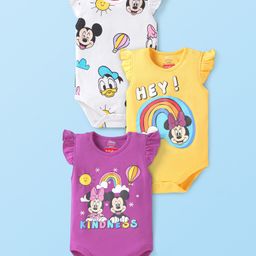 Babyhug Disney Interlock Knit Frill Sleeves Onesies with Minnie & Friends Graphics Pack of 3 - Yellow White & Purple-image-10