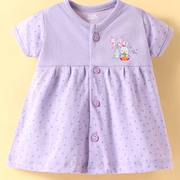 Pink Rabbit Single Jersey Knit Half Sleeves Front Open Frock with Animal & Heart Print - Purple-image-49
