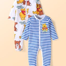 Babyhug Disney Interlock Knit Full Sleeves Footed Sleep Suits With Winnie The Pooh Graphics Pack Of 2 - White & Blue-image-105