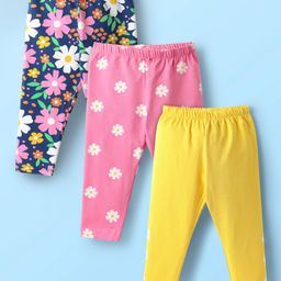 Babyhug Cotton Knit Full Length Leggings With Floral Print Pack Of 3 - Pink Navy Blue & Yellow-image-50