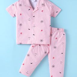 Ollypop Sinker Knit Half Sleeves Night Suit With Nautical Theme Print - Red-image-28