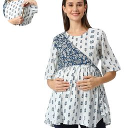 Mom for sure by Ketki Dalal 100% Cotton Woven Half Sleeves Floral Printed Maternity Top With Nursing Access - White-image-7