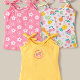 Babyhug 100% Cotton Single Jersey Knit Sleeveless Slips With Polka Dots & Tropical Theme Print Pack Of 3 - Navy Blue Yellow & White-image-81