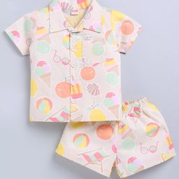 Snuggly MONKEY Poplin Half Sleeves Ice Cream Printed Shirt & Coordinating Shorts Set - Light Peach-image-12
