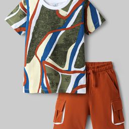 OLLINGTON ST. Cotton Half Sleeves Abstract Printed T-Shirt & Knit Shorts Set - Multicolor & Rust Orange-image-77