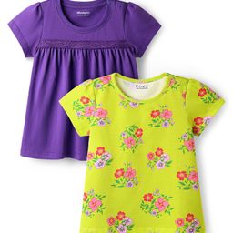 Honeyhap 100% Cotton Knit Bio Wash Half Sleeves Tops with Floral Print Pack of 2 - Evening Primrose & Deep Lavender-image-64