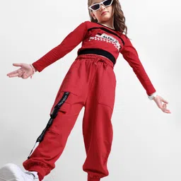 Ollington St. Cotton Lycra Set Of Full Sleeves Co-Ords Top & Knit Joggers - Red-picture-38