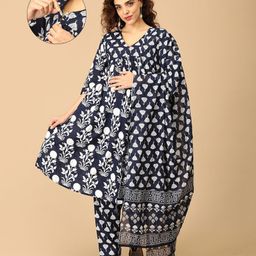 The Mom Store Silk Three Fourth Sleeves Floral Printed Maternity Kurta With Nursing Access & Salwar With Dupatta Set - Navy Blue-picture-18