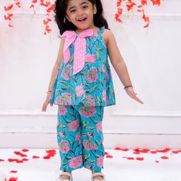 KID1 Cotton Sleeveless Floral Printed Bow Applique Top With Coordinating Pant Set - Turquoise-image-72