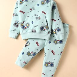 Evimo Looper Knit Full Sleeves Co-ord Night Suit with Kangroo Pocket & Gaming Theme Print - Light Green-image-54